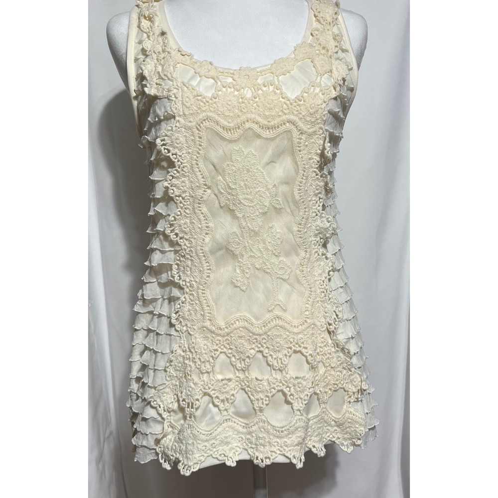 CAHO Ivory Lace Fairy Tank Whismsigoth Boho Cottagecore Romantic Ruffle M - Picture 2 of 10